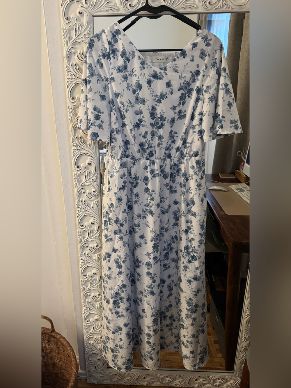 Boutique White Dress with Blue Floral Print